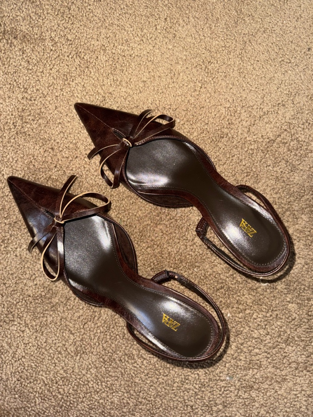 Zara Dark Brown Pointed Toe Slingback Pumps with Bow Detail